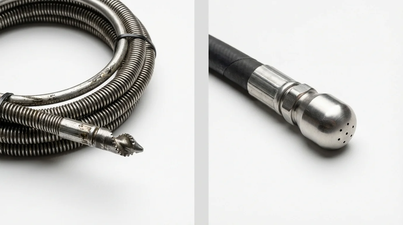 Drain snake cable and hydro jetting nozzle used for drain cleaning in Waterbury, CT