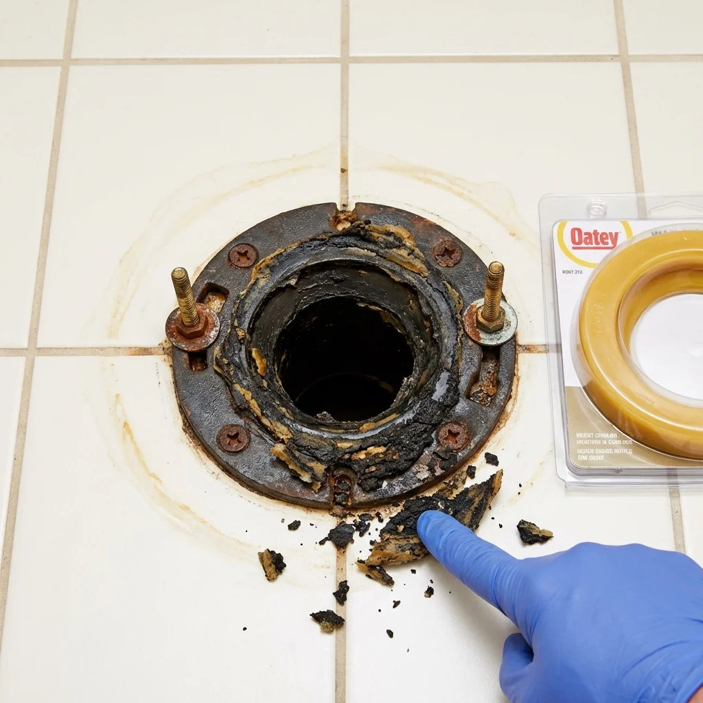 Failed wax ring showing water seepage at the base of a toilet in a Waterbury, CT home