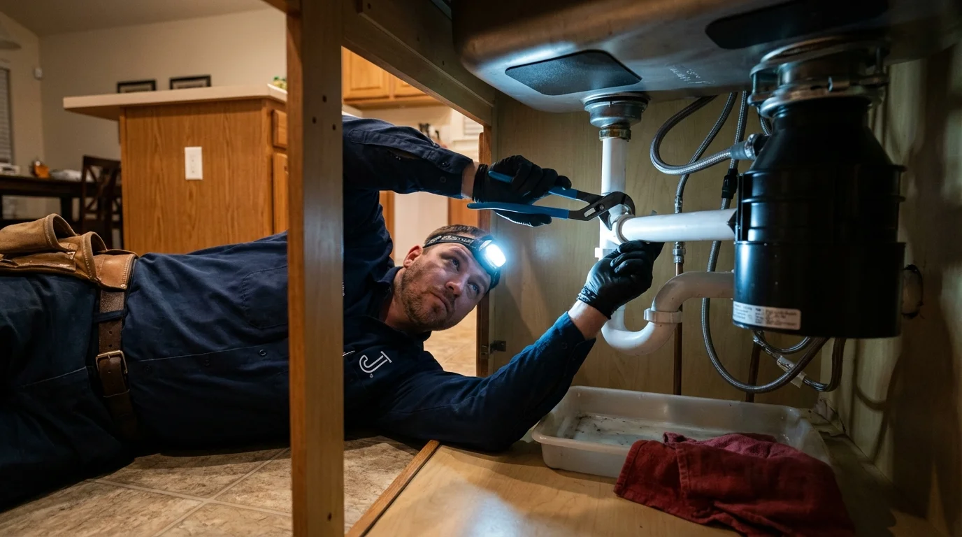 P-trap and supply line connections under a kitchen sink showing a common leak point in Waterbury, CT